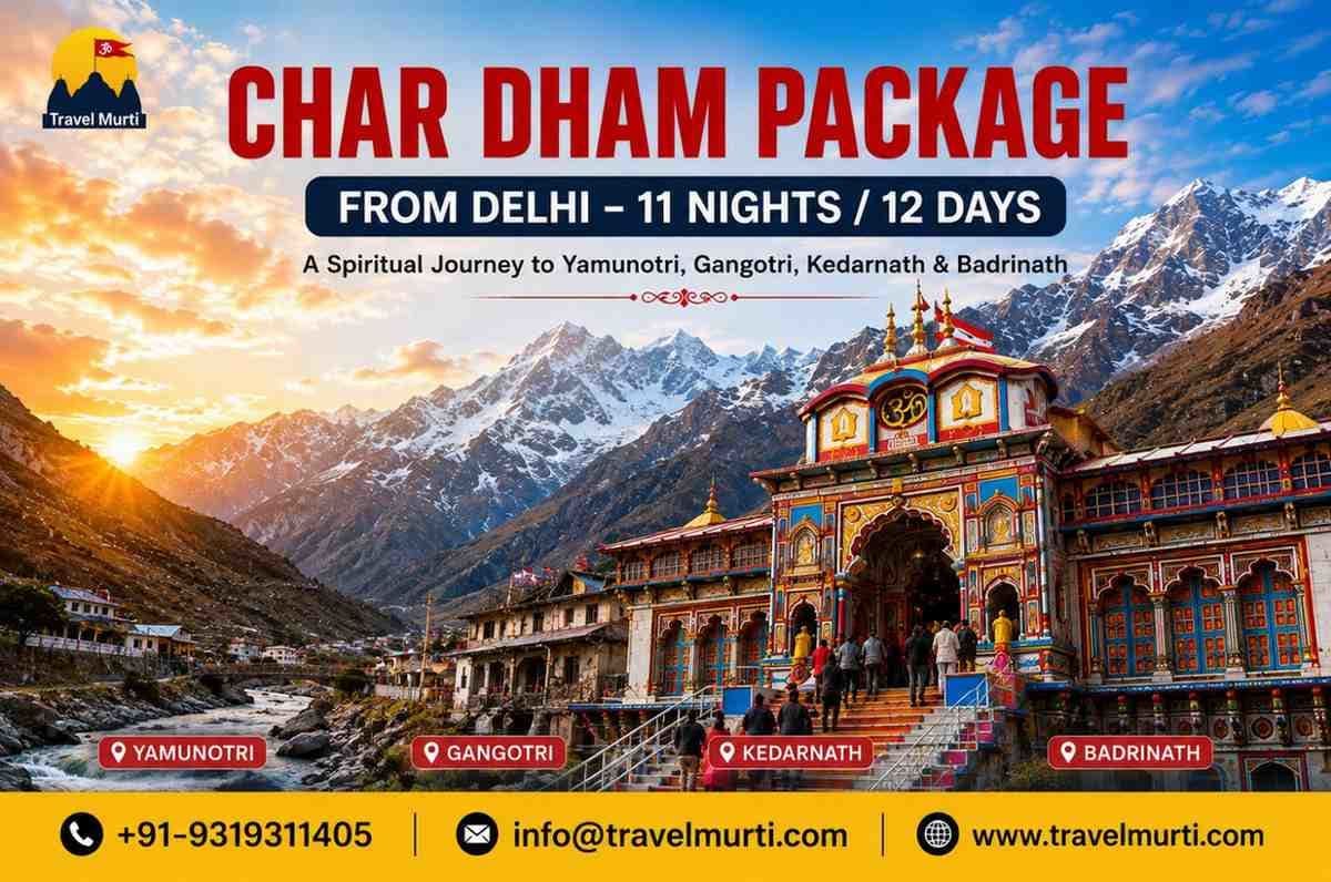 Badrinath Temple surrounded by Himalayan mountains during Char Dham Yatra